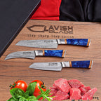 Damascus 3 Piece Chef Knife Set Blue Resin and Wood with Velvet Gift Box - Lavish Blade
