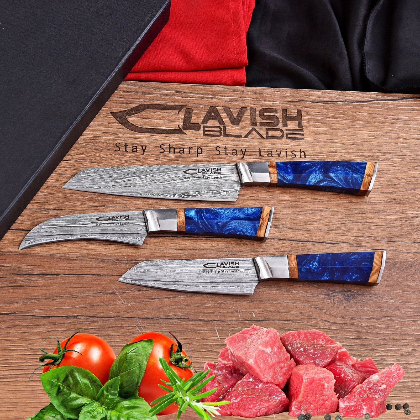 Damascus 3 Piece Chef Knife Set Blue Resin and Wood with Velvet Gift Box - Lavish Blade