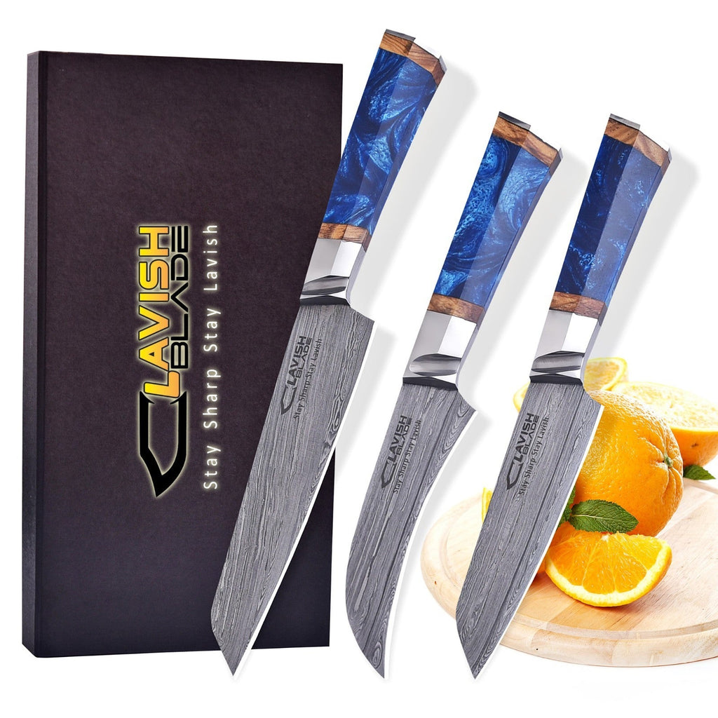 Damascus 3 Piece Chef Knife Set Blue Resin and Wood with Velvet Gift Box - Lavish Blade