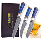 Damascus 3 Piece Chef Knife Set Blue Resin and Wood with Velvet Gift Box - Lavish Blade