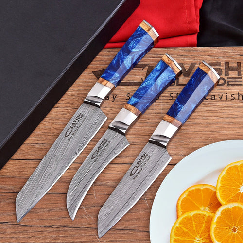 Damascus 3 Piece Chef Knife Set Blue Resin and Wood with Velvet Gift Box - Lavish Blade