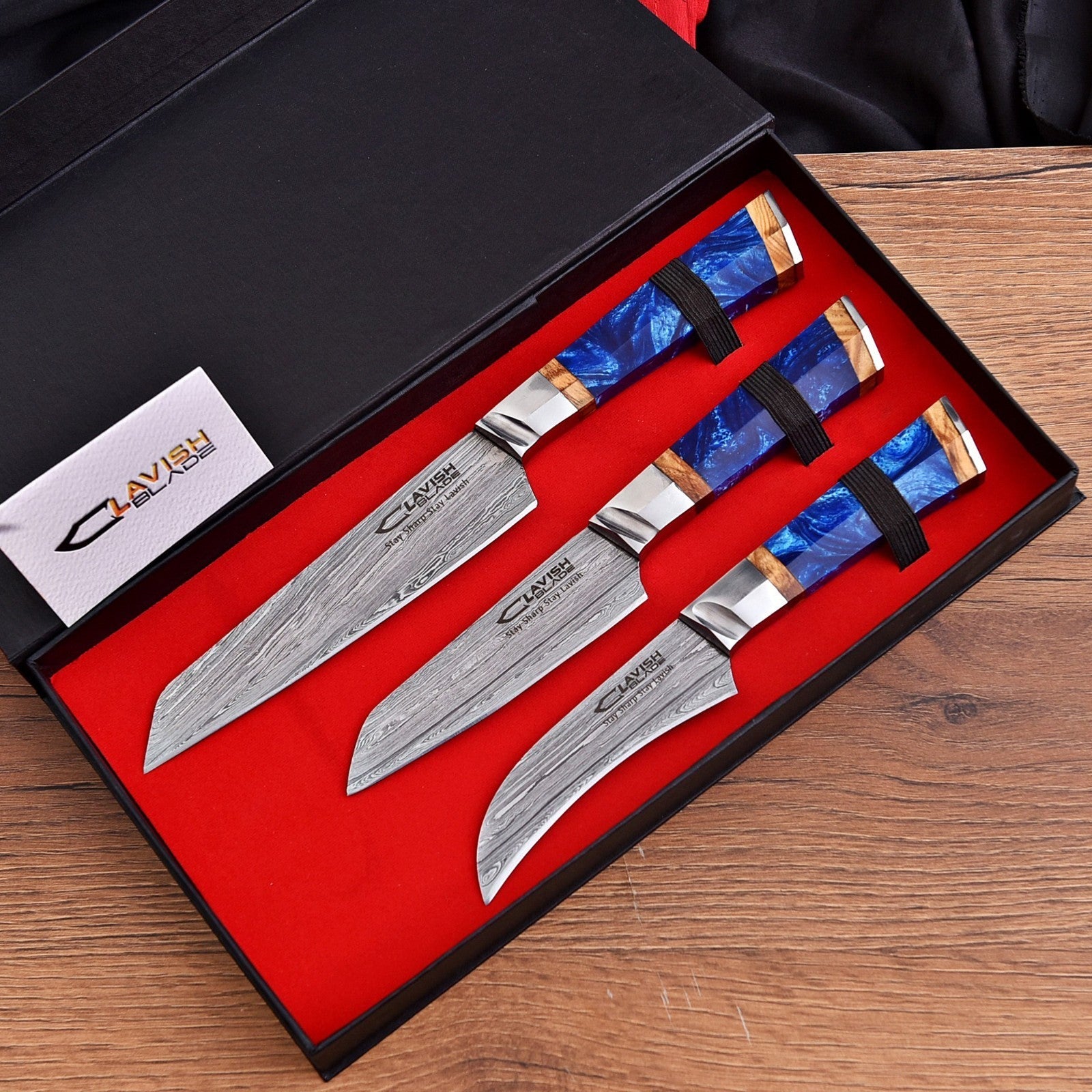 Damascus 3 Piece Chef Knife Set Blue Resin and Wood with Velvet Gift Box - Lavish Blade