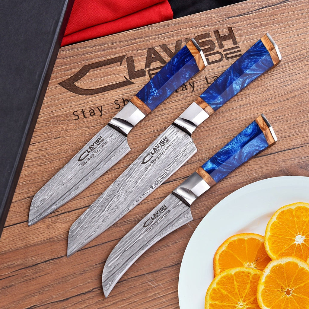 Damascus 3 Piece Chef Knife Set Blue Resin and Wood with Velvet Gift Box - Lavish Blade