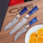 Damascus 3 Piece Chef Knife Set Blue Resin and Wood with Velvet Gift Box - Lavish Blade