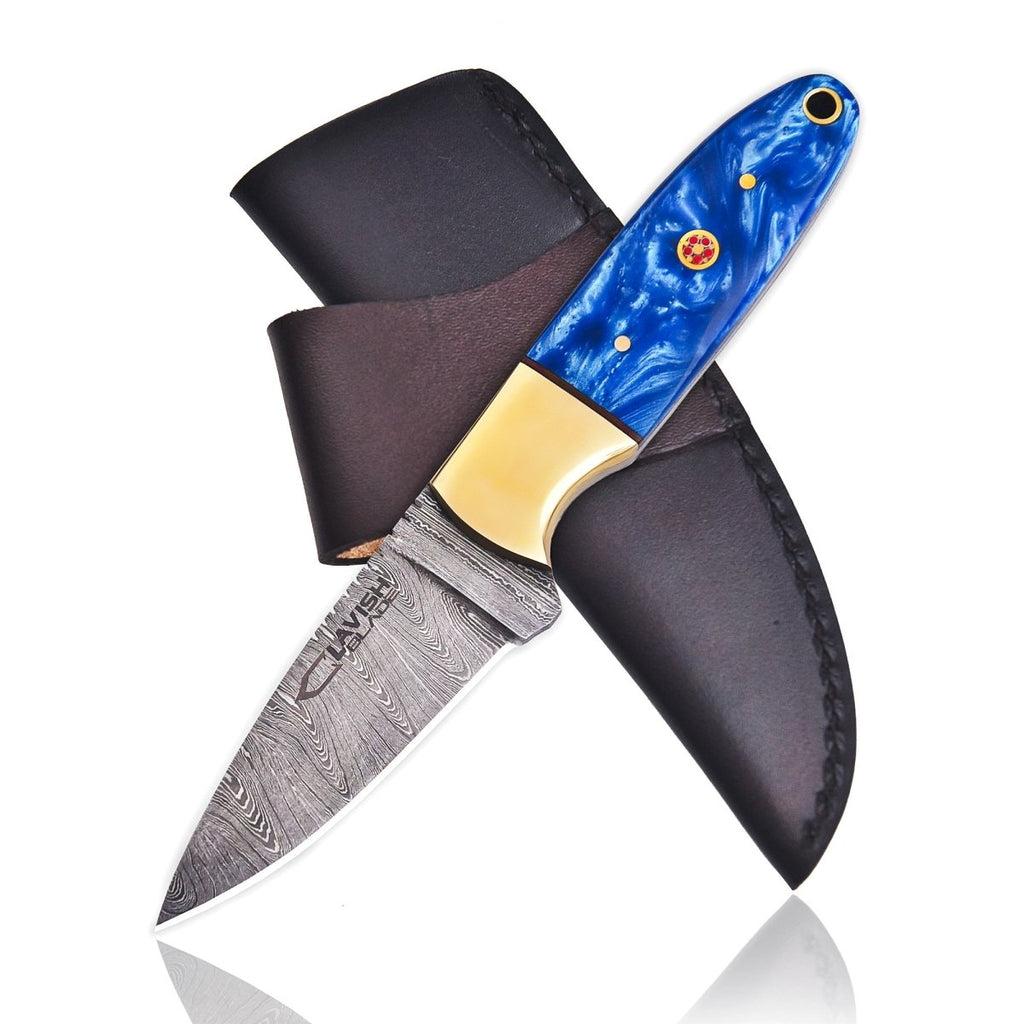 Damascus Skinner Bushcraft Knife 7 Inch Resin and Brass Handle with Sheath - Lavish Blade