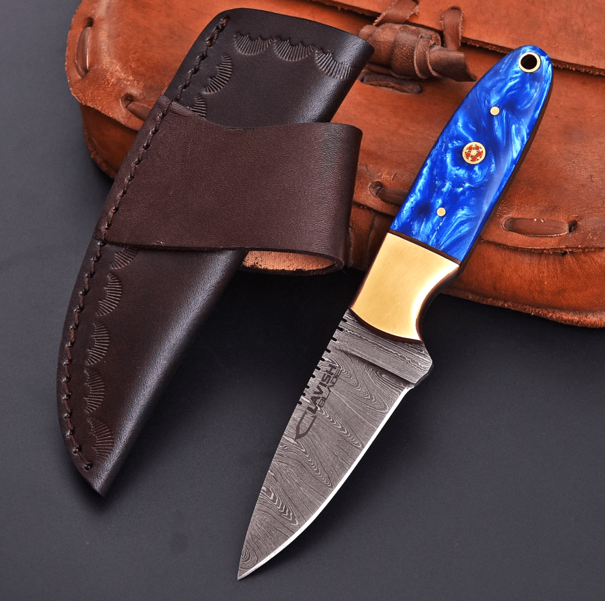 Damascus Skinner Bushcraft Knife 7 Inch Resin and Brass Handle with Sheath - Lavish Blade