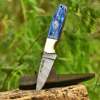 Damascus Skinner Bushcraft Knife 7 Inch Resin and Brass Handle with Sheath - Lavish Blade