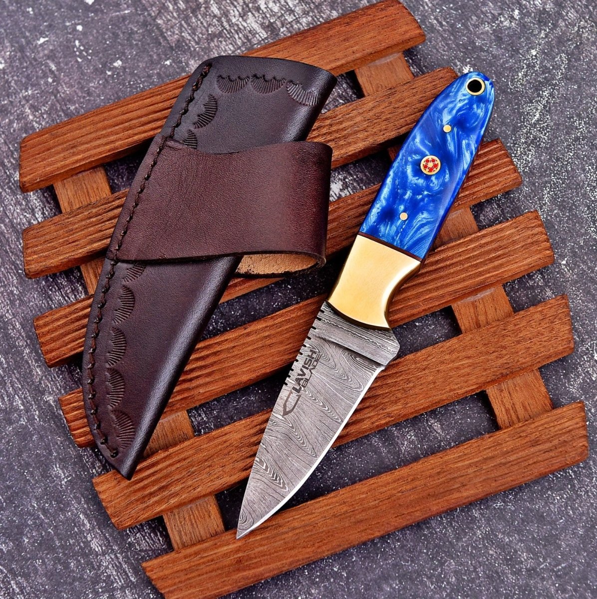 Damascus Skinner Bushcraft Knife 7 Inch Resin and Brass Handle with Sheath - Lavish Blade