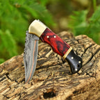 Engraved Damascus Folding Pocket Knife Red Wood and Horn with Leather Sheath