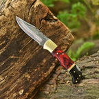 Engraved Damascus Folding Pocket Knife Red Wood and Horn with Leather Sheath - Lavish Blade