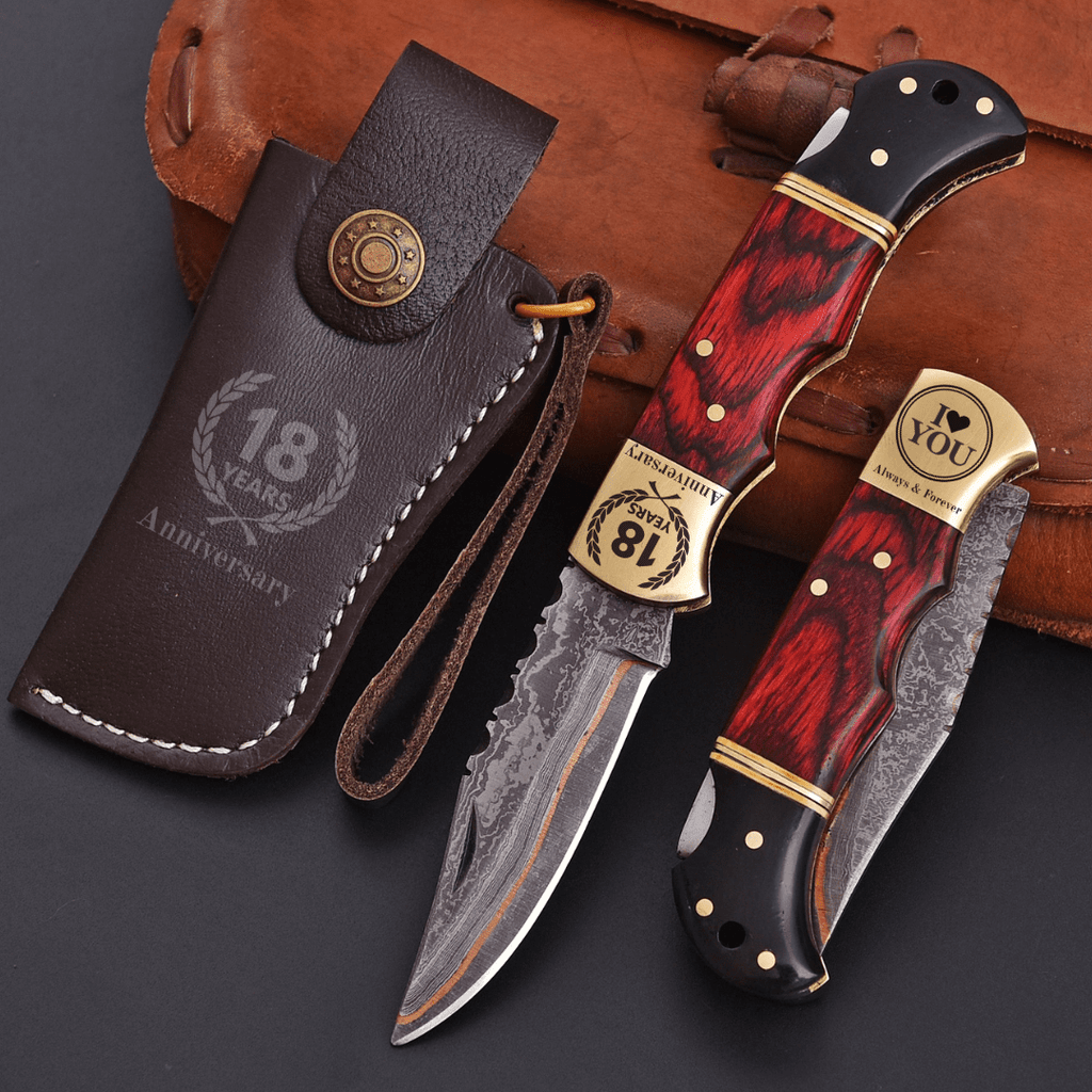 Engraved Damascus Folding Pocket Knife Red Wood and Horn with Leather Sheath - Lavish Blade