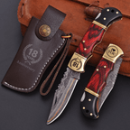 Engraved Damascus Folding Pocket Knife Red Wood and Horn with Leather Sheath - Lavish Blade