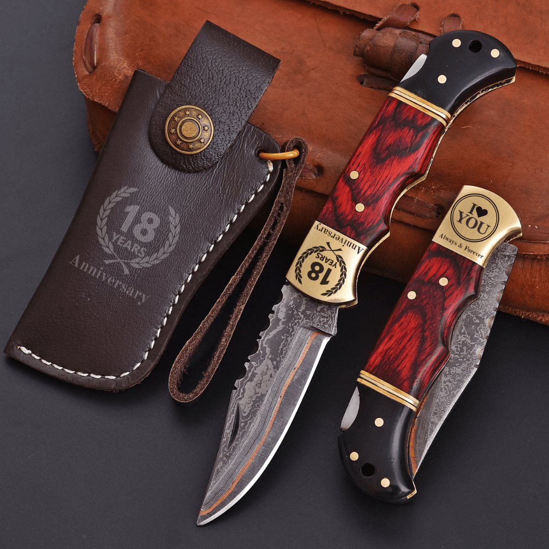Engraved Damascus Folding Pocket Knife Red Wood and Horn with Leather Sheath - Lavish Blade
