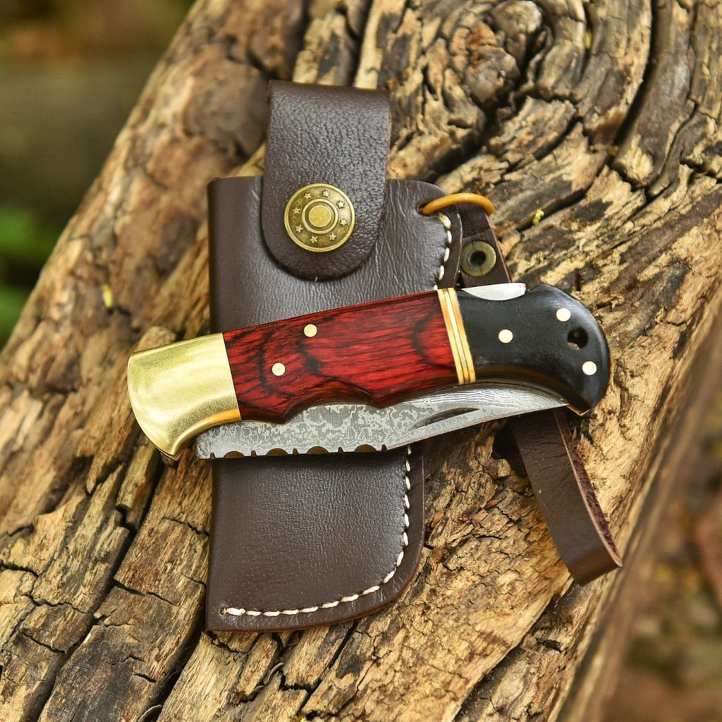 Engraved Damascus Folding Pocket Knife Red Wood and Horn with Leather Sheath