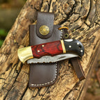 Engraved Damascus Folding Pocket Knife Red Wood and Horn with Leather Sheath