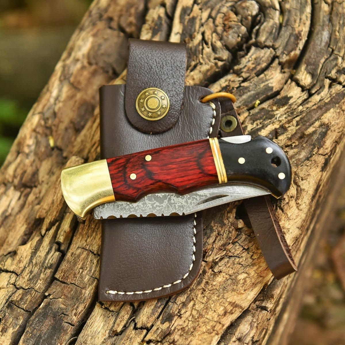 Engraved Damascus Folding Pocket Knife Red Wood and Horn with Leather Sheath