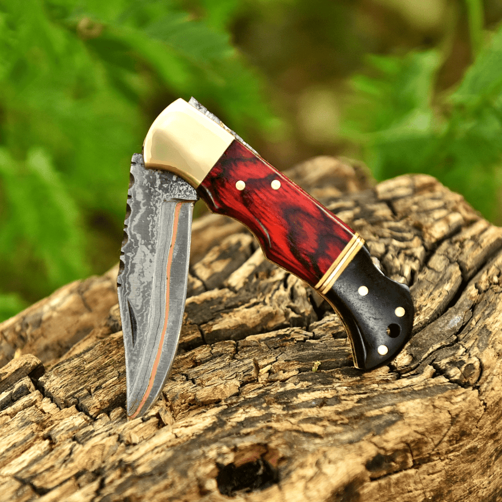 Engraved Damascus Folding Pocket Knife Red Wood and Horn with Leather Sheath - Lavish Blade
