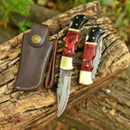 Engraved Damascus Folding Pocket Knife Red Wood and Horn with Leather Sheath - Lavish Blade