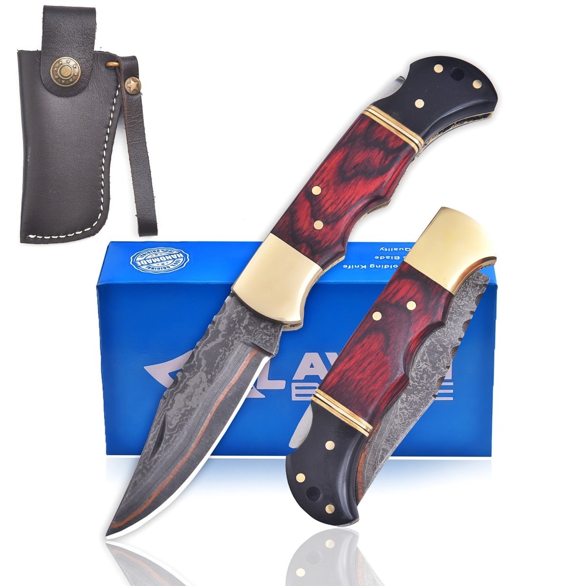 Engraved Damascus Folding Pocket Knife Red Wood and Horn with Leather Sheath - Lavish Blade