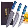Hand Forged Damascus 3 Piece Chef Knife Set with Blue Black Resin Handles