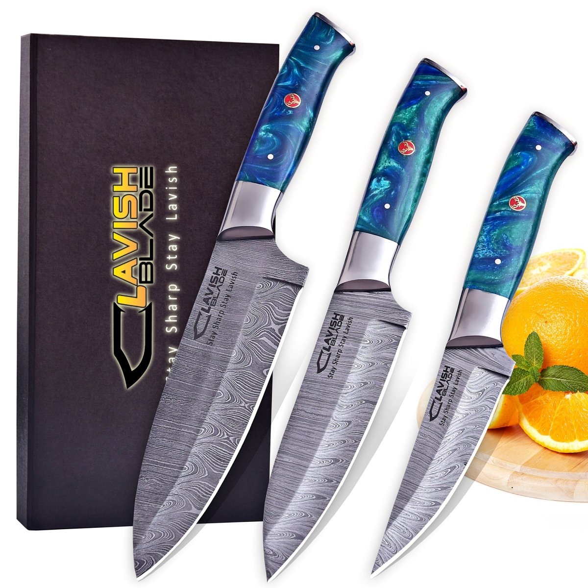 Hand Forged Damascus 3 Piece Chef Knife Set with Blue Black Resin Handles