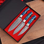 Hand Forged Damascus 3 Piece Chef Knife Set with Blue Black Resin Handles