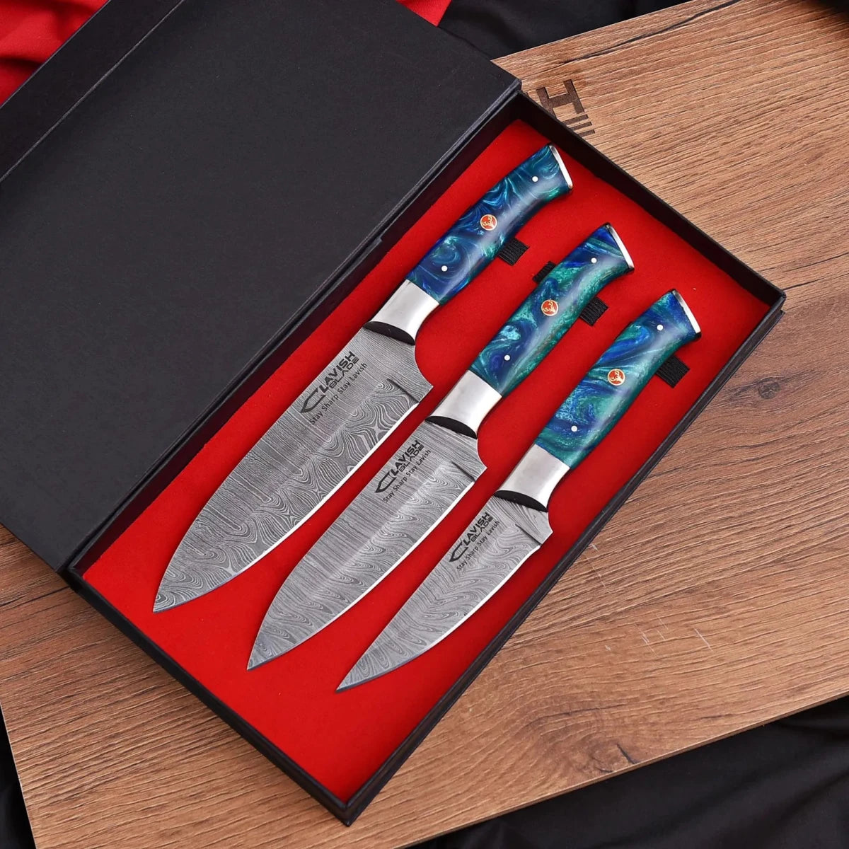 Hand Forged Damascus 3 Piece Chef Knife Set with Blue Black Resin Handles
