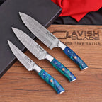 Hand Forged Damascus 3 Piece Chef Knife Set with Blue Black Resin Handles