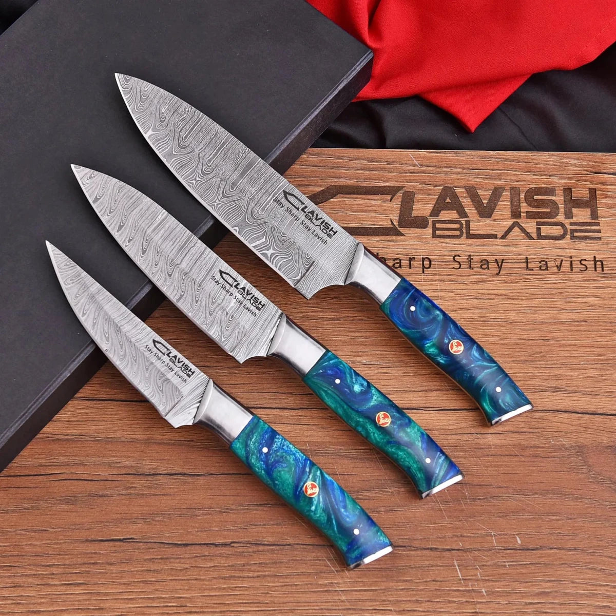 Hand Forged Damascus 3 Piece Chef Knife Set with Blue Black Resin Handles