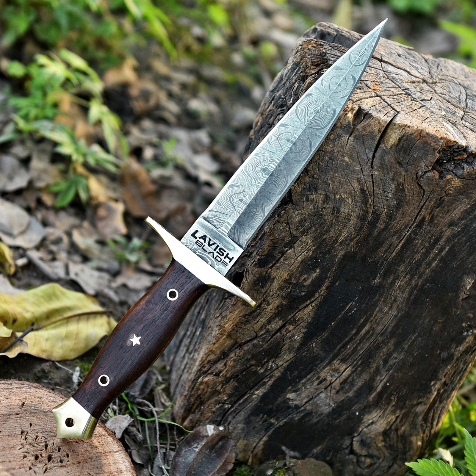 Hand Forged Damascus Athame 12 Inch Double-Edge with Wood Handle and Gold Guard - Lavish Blade