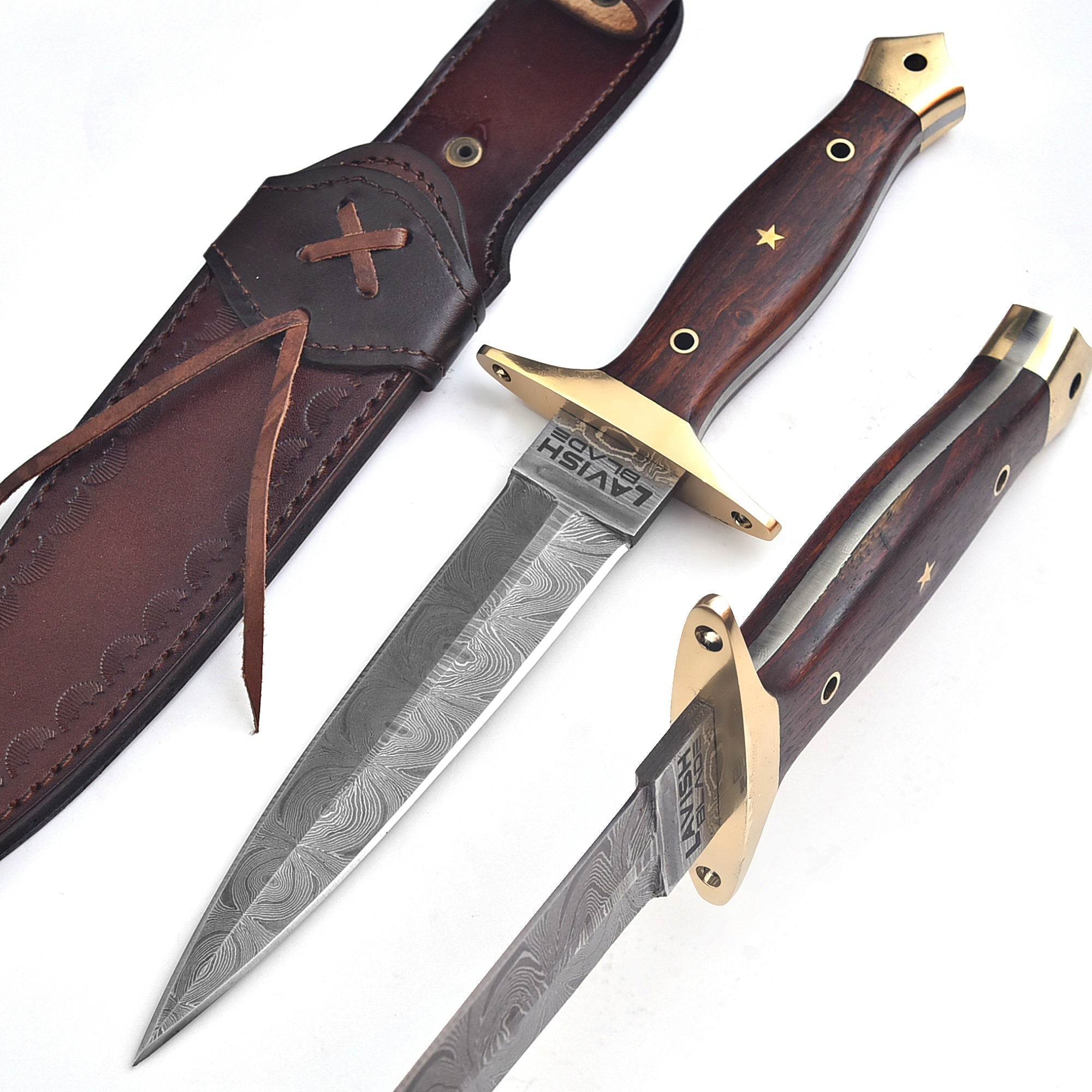 Hand Forged Damascus Athame 12 Inch Double-Edge with Wood Handle and Gold Guard - Lavish Blade