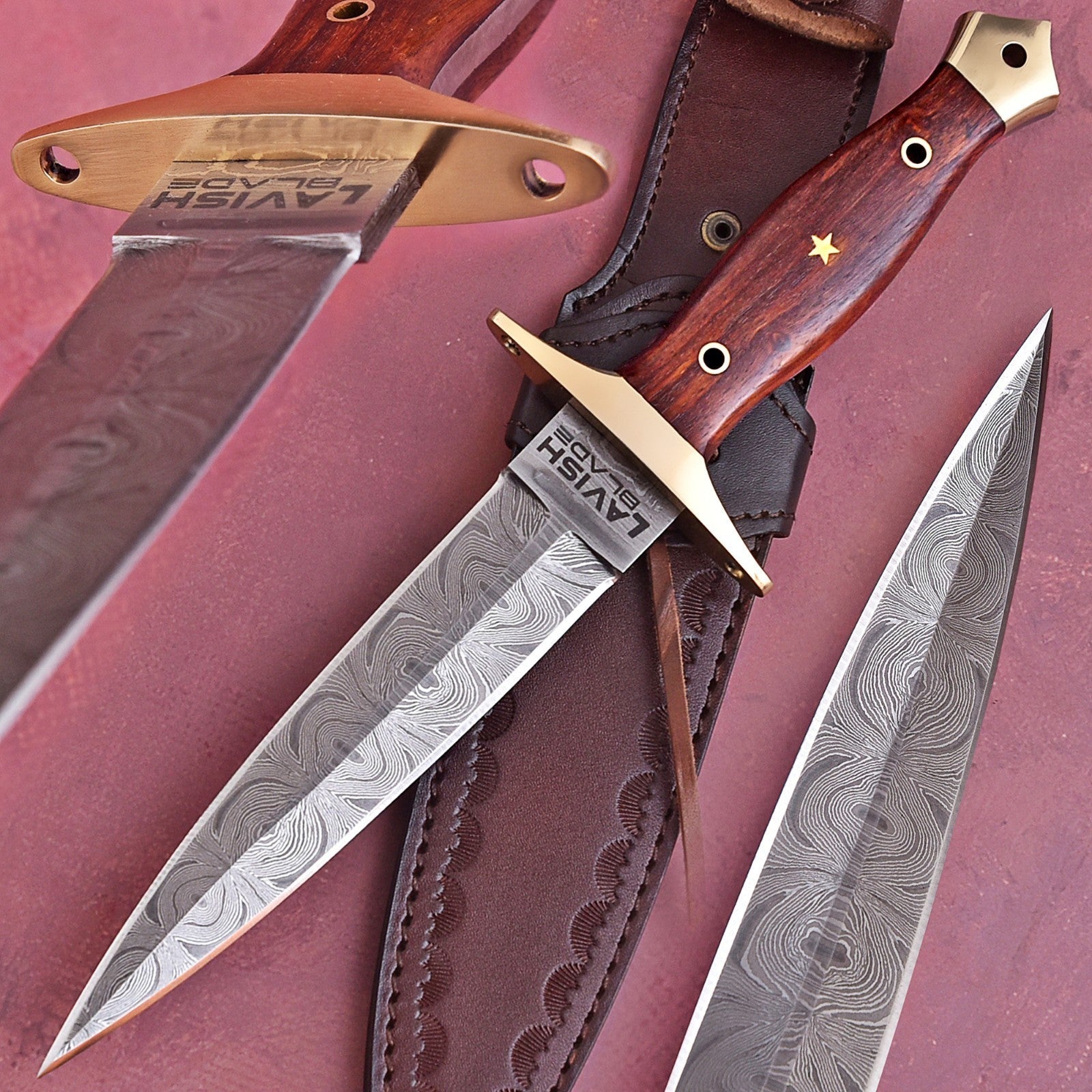 Hand Forged Damascus Athame 12 Inch Double-Edge with Wood Handle and Gold Guard - Lavish Blade