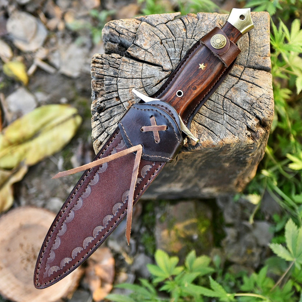 Hand Forged Damascus Athame 12 Inch Double-Edge with Wood Handle and Gold Guard - Lavish Blade