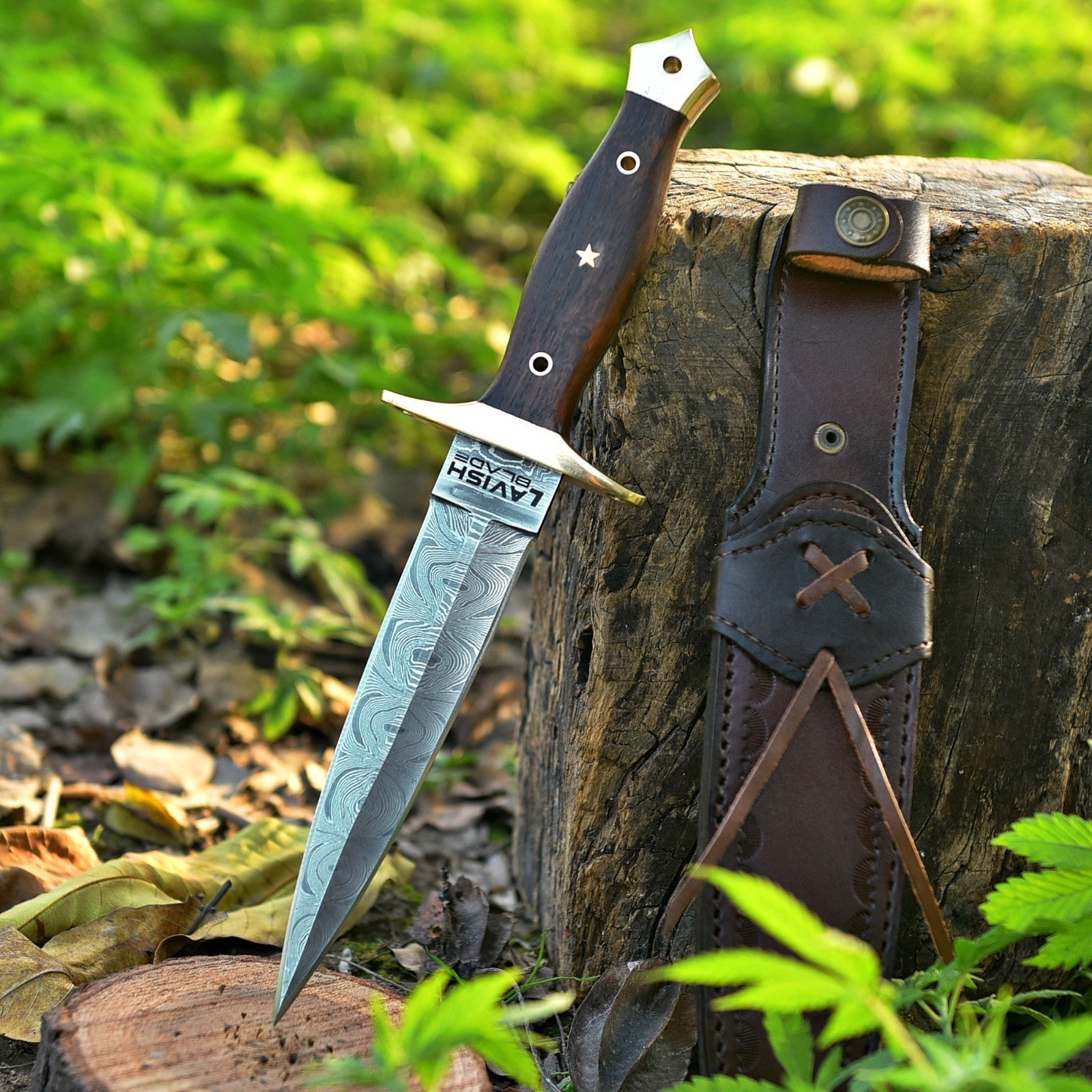 Hand Forged Damascus Athame 12 Inch Double-Edge with Wood Handle and Gold Guard - Lavish Blade