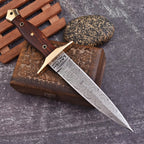 Hand Forged Damascus Athame 12 Inch Double-Edge with Wood Handle and Gold Guard - Lavish Blade