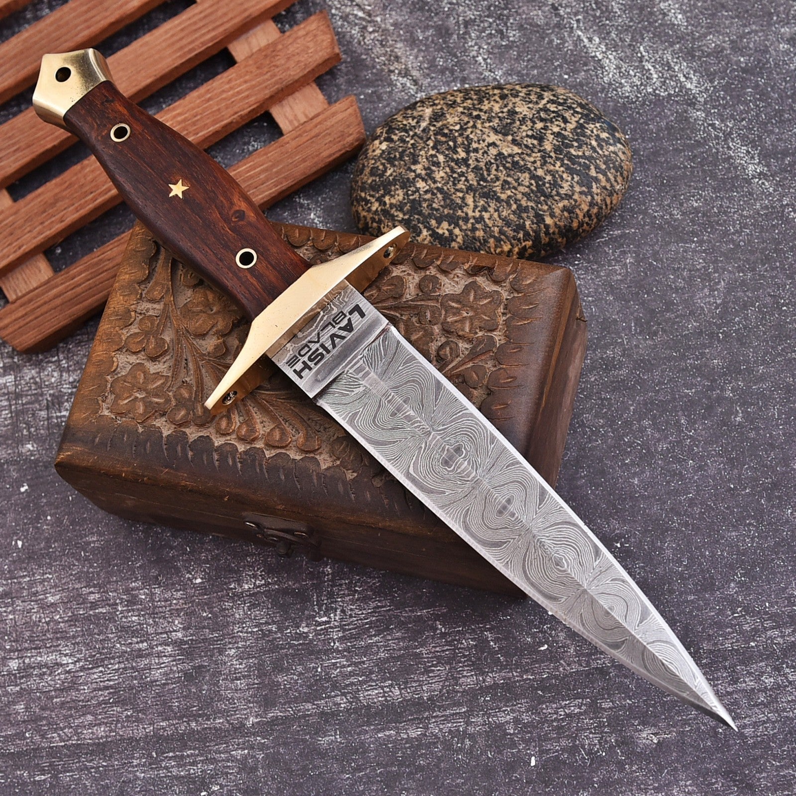 Hand Forged Damascus Athame 12 Inch Double-Edge with Wood Handle and Gold Guard - Lavish Blade