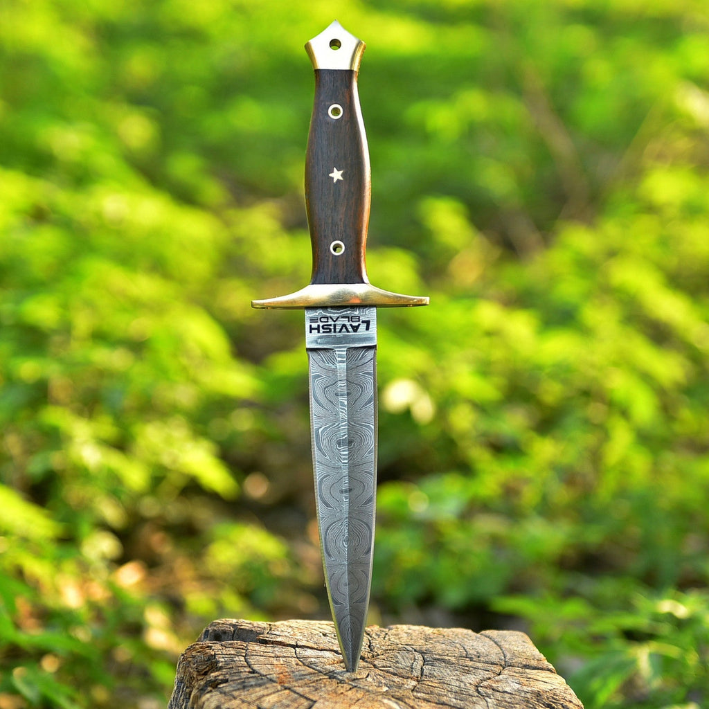 Hand Forged Damascus Athame 12 Inch Double-Edge with Wood Handle and Gold Guard - Lavish Blade