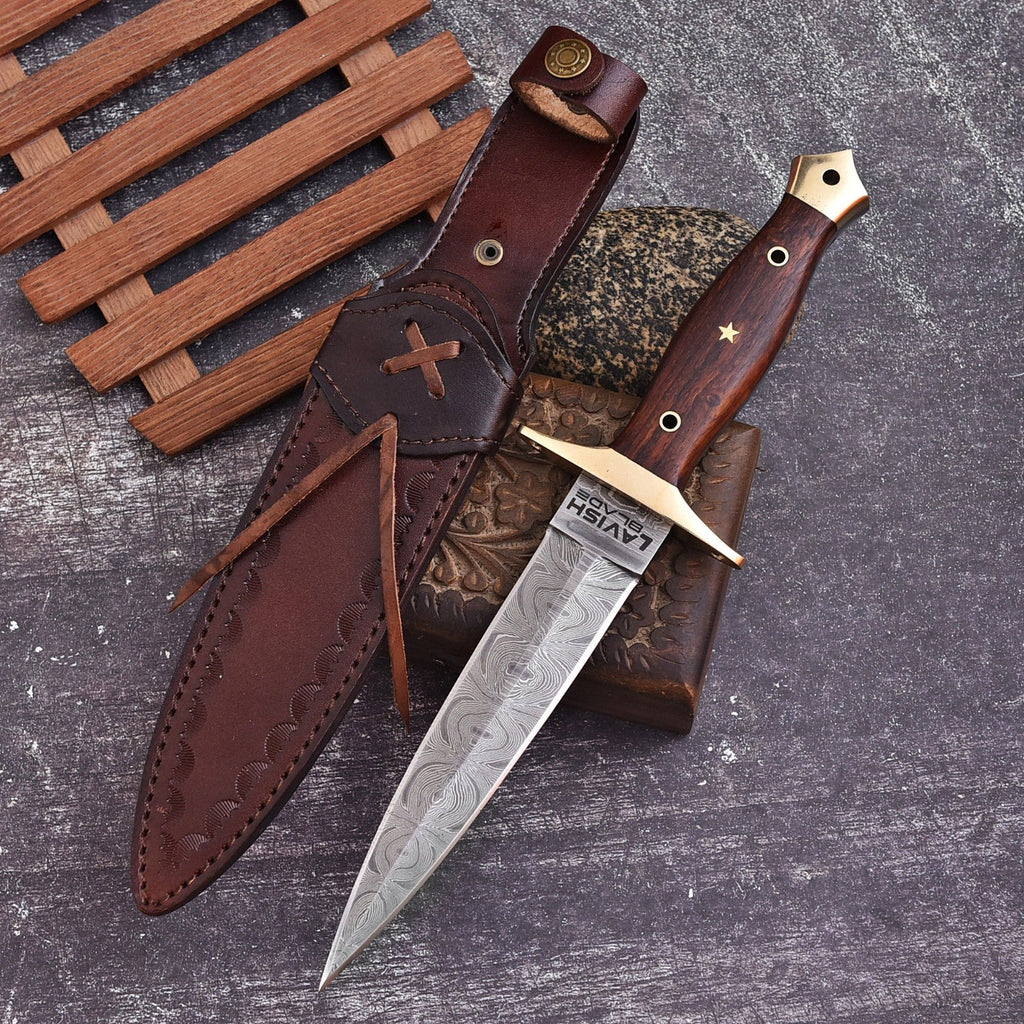 Hand Forged Damascus Athame 12 Inch Double-Edge with Wood Handle and Gold Guard - Lavish Blade