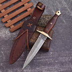 Hand Forged Damascus Athame 12 Inch Double-Edge with Wood Handle and Gold Guard - Lavish Blade