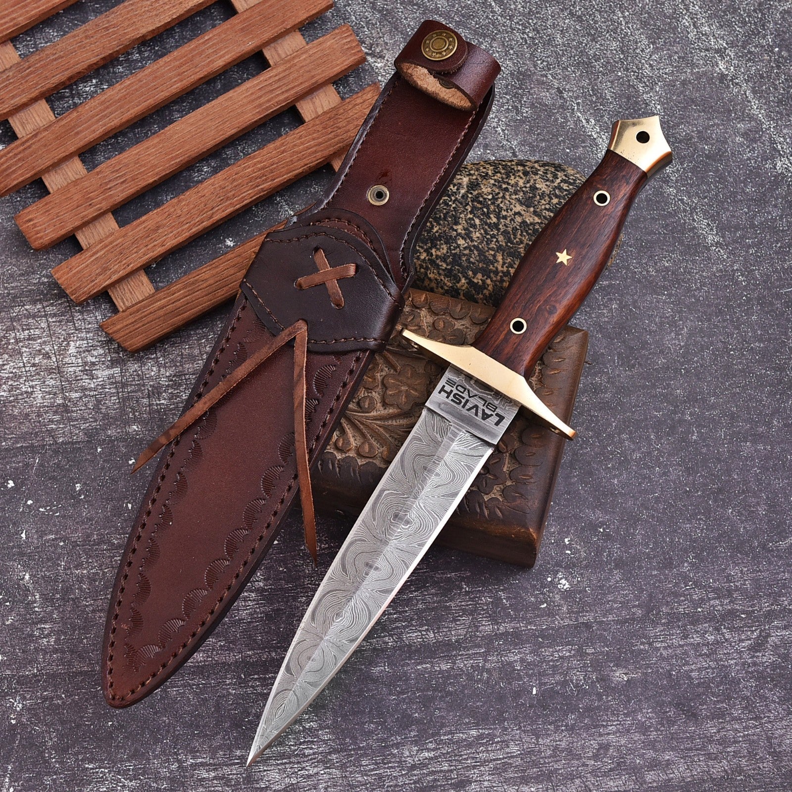 Hand Forged Damascus Athame 12 Inch Double-Edge with Wood Handle and Gold Guard - Lavish Blade