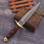 Hand Forged Damascus Athame 12 Inch Double-Edge with Wood Handle and Gold Guard - Lavish Blade