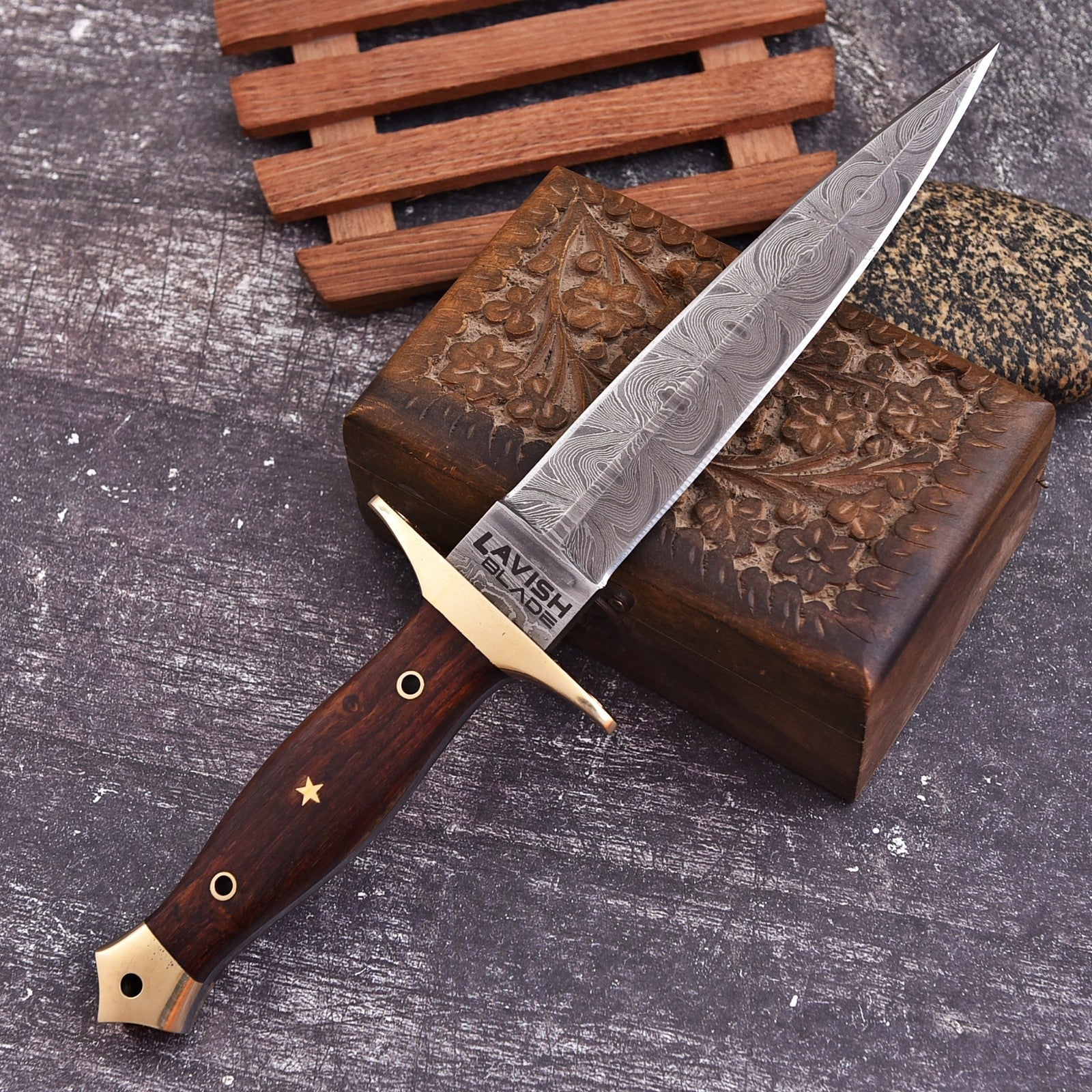 Hand Forged Damascus Athame 12 Inch Double-Edge with Wood Handle and Gold Guard - Lavish Blade