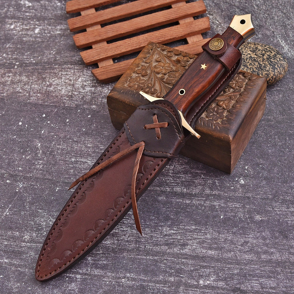 Hand Forged Damascus Athame 12 Inch Double-Edge with Wood Handle and Gold Guard - Lavish Blade