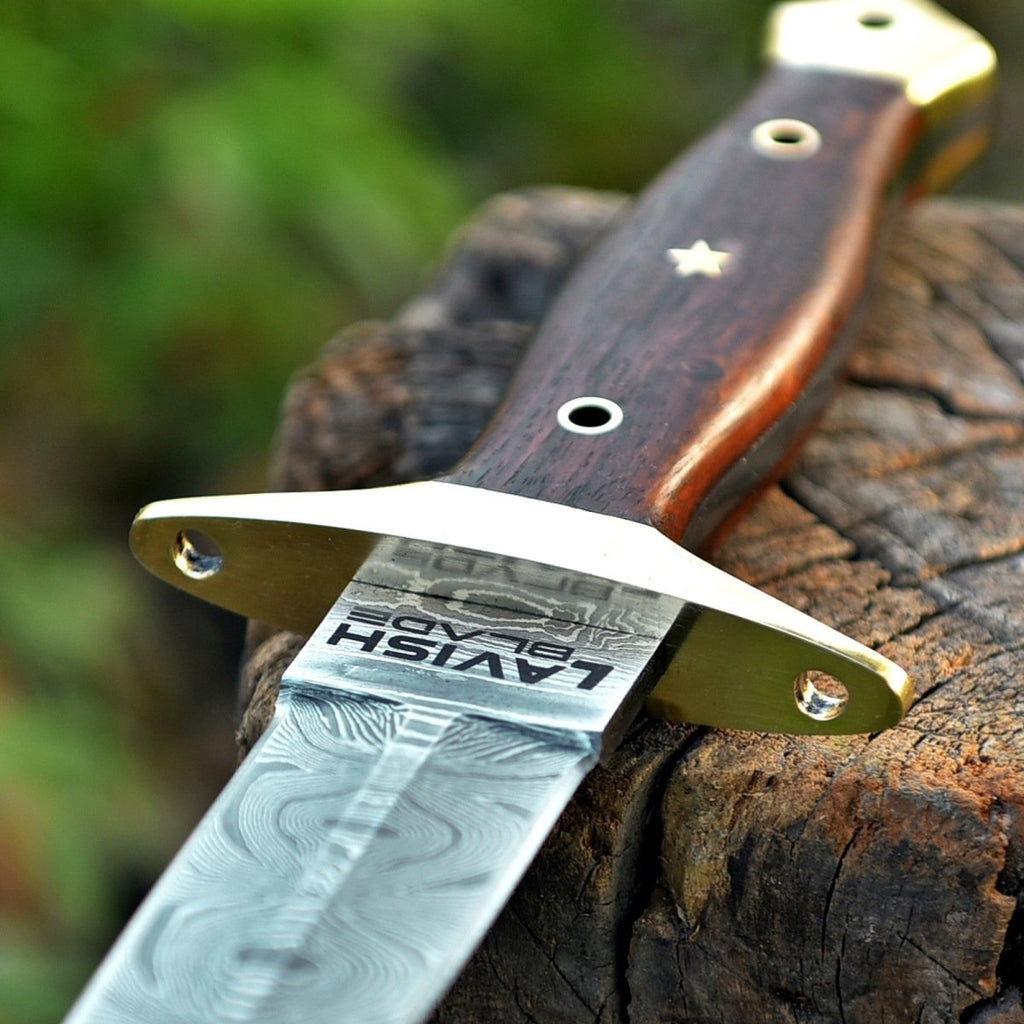 Hand Forged Damascus Athame 12 Inch Double-Edge with Wood Handle and Gold Guard - Lavish Blade