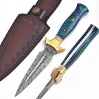 Hand Forged Damascus Athame 9 Inch Emerald Marbled Resin with Gold Guard - Lavish Blade