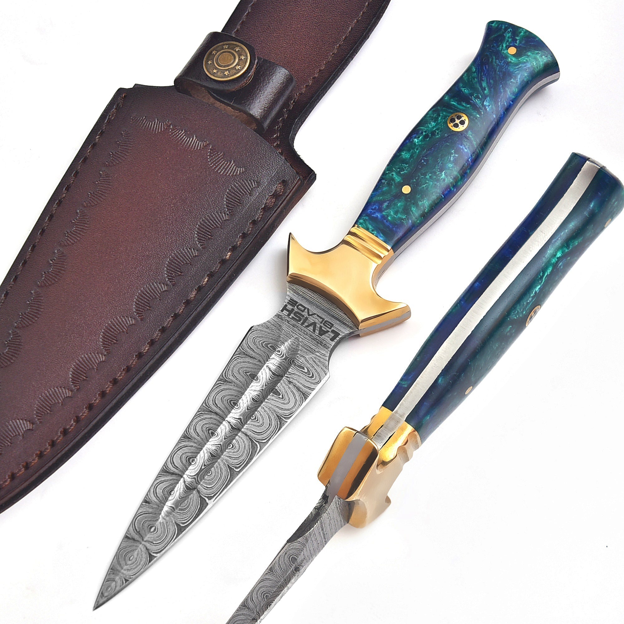 Hand Forged Damascus Athame 9 Inch Emerald Marbled Resin with Gold Guard - Lavish Blade