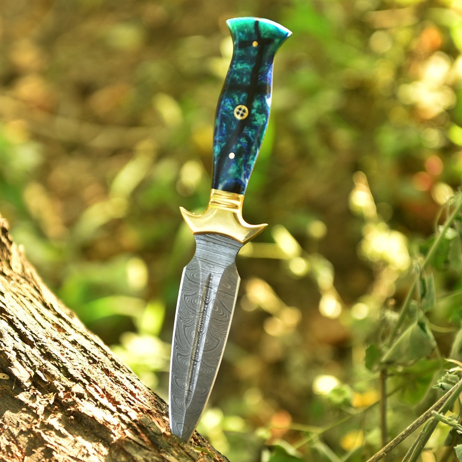 Hand Forged Damascus Athame 9 Inch Emerald Marbled Resin with Gold Guard - Lavish Blade