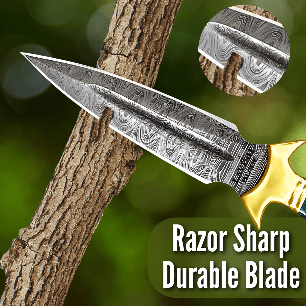 Hand Forged Damascus Athame 9 Inch Emerald Marbled Resin with Gold Guard - Lavish Blade