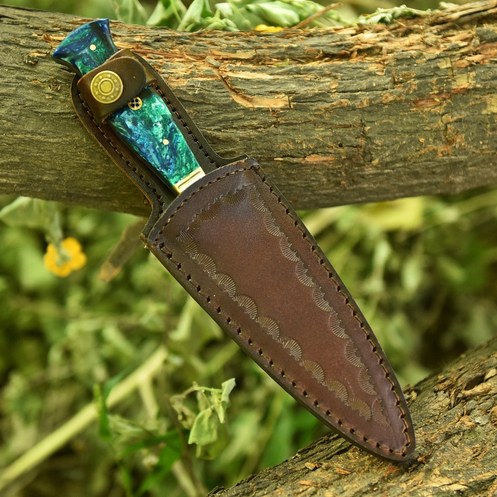 Hand Forged Damascus Athame 9 Inch Emerald Marbled Resin with Gold Guard - Lavish Blade