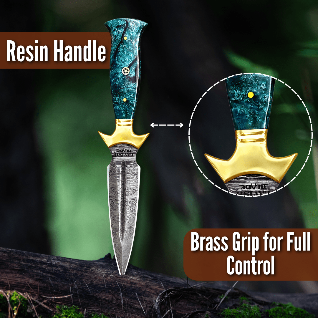 Hand Forged Damascus Athame 9 Inch Emerald Marbled Resin with Gold Guard - Lavish Blade